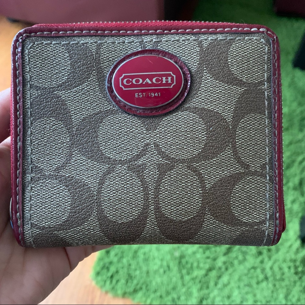 Coach coated canvas red brown monogram beige zip around wallet